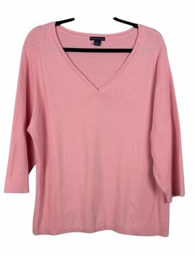 Westbound Woman Pink V-Neck Sweater 3/4 Sleeve Rib Knit Top Plus Size 3X